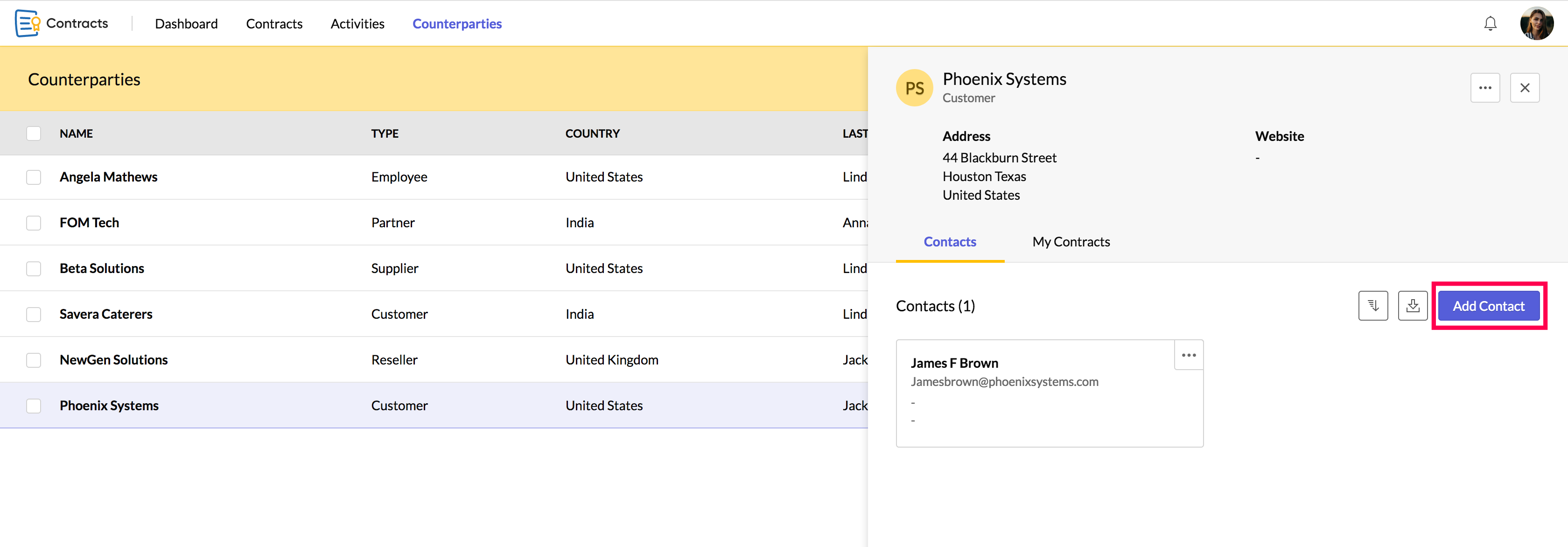 カウンターパーティーの連絡先の追加と管理