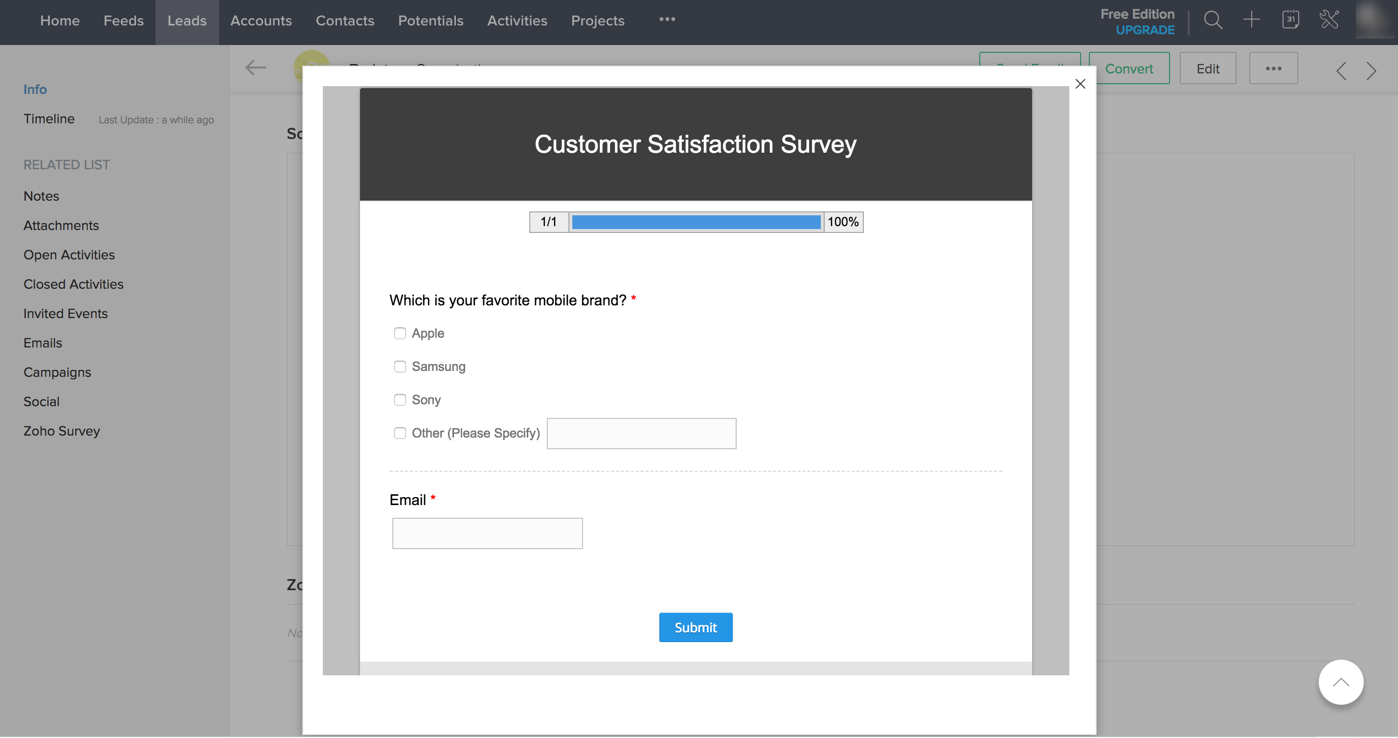 Take survey on customer's behalf in Zoho CRM