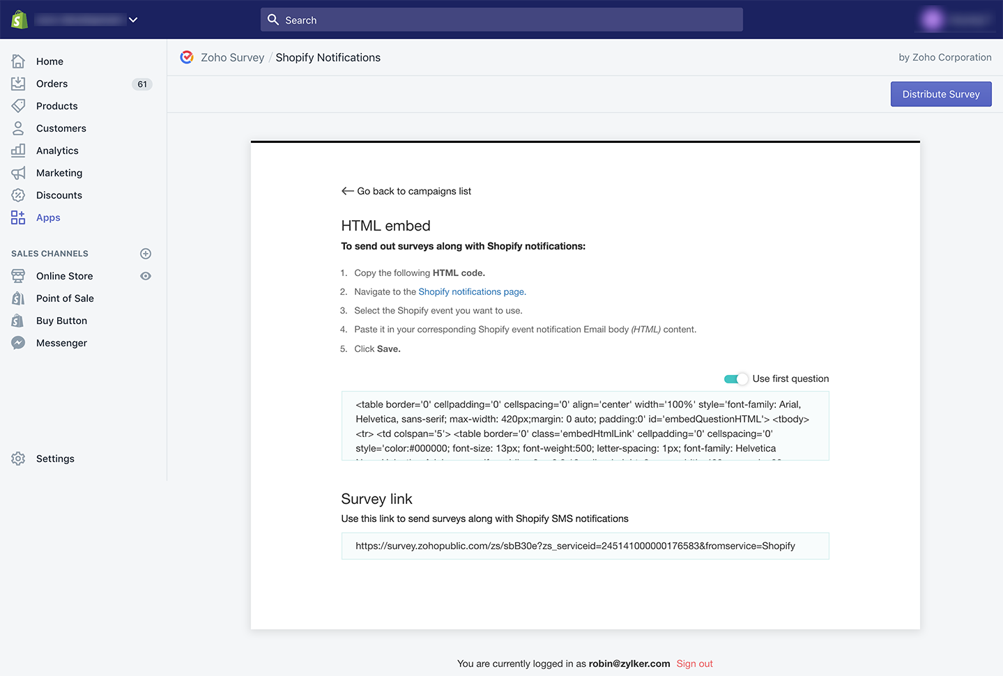 Zoho Survey Shopify embed survey in notifications