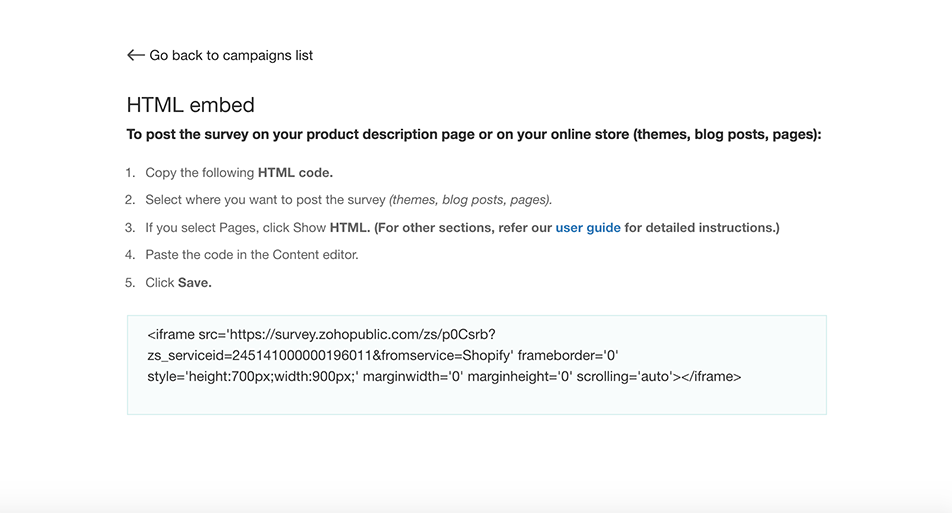 Zoho Survey Shopify embed html code