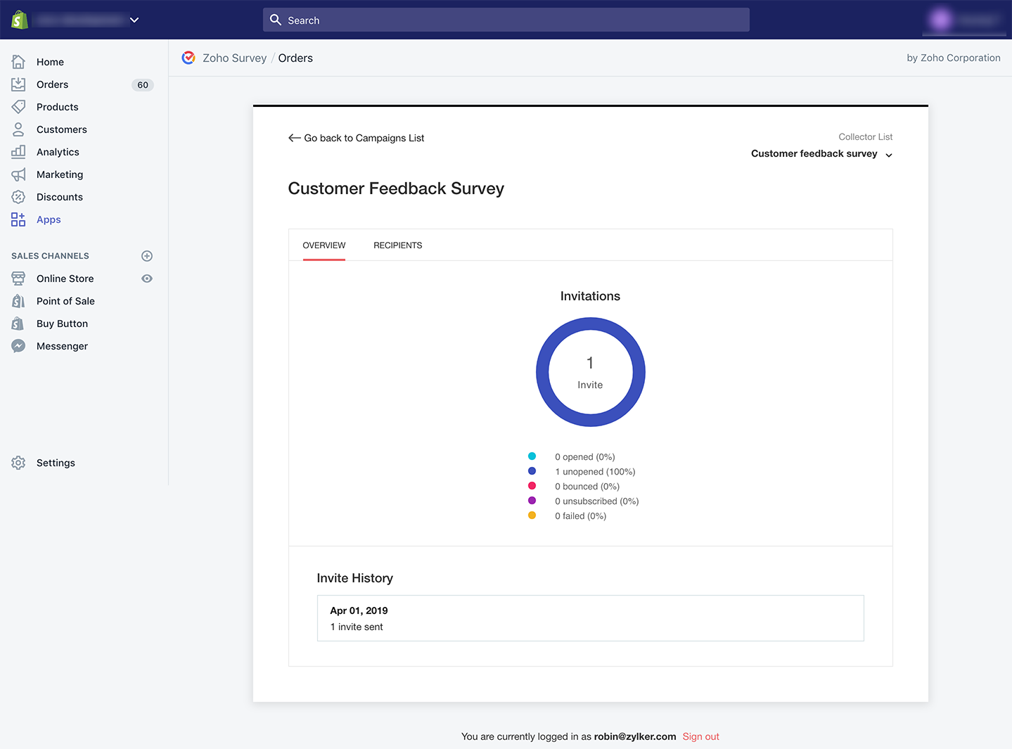 Zoho Survey Shopify order overview