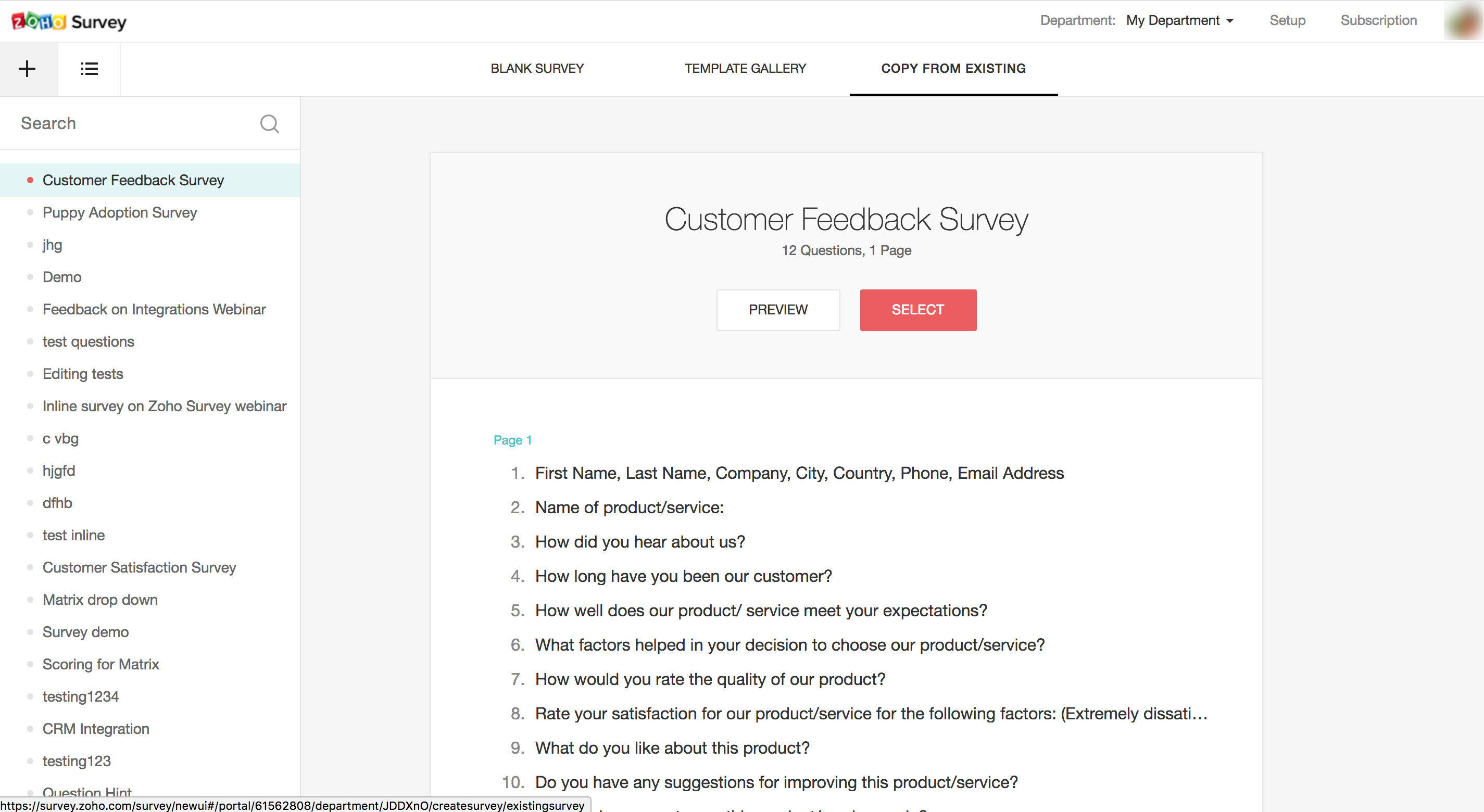 Create survey from existing survey