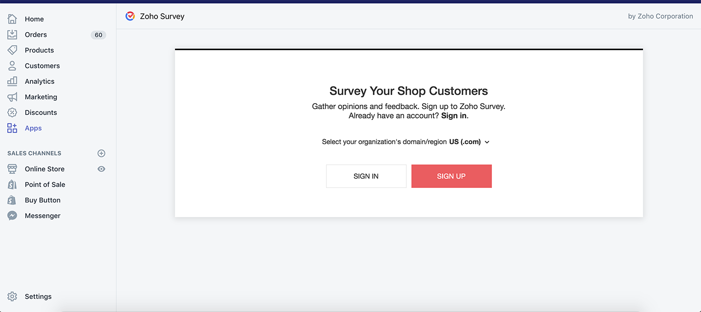 Zoho Survey Shopify sign up