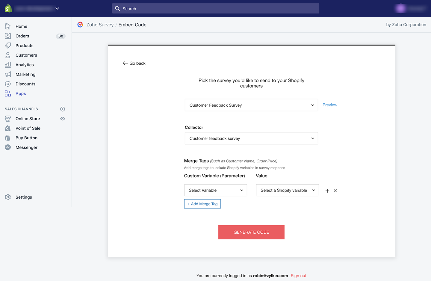 Zoho Survey Shopify embed code