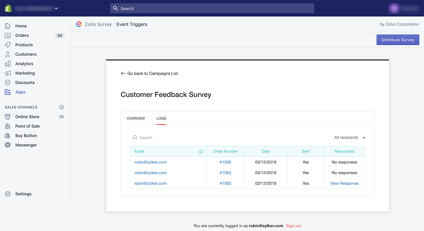 Zoho Survey Shopify event trigger logs