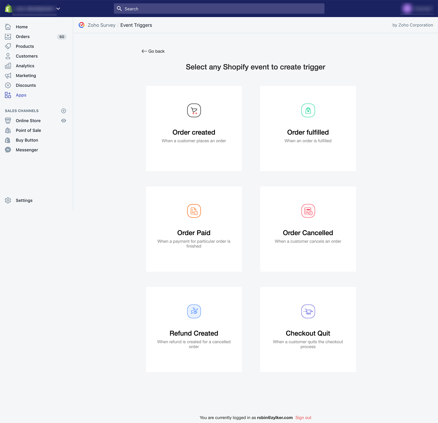 Zoho Survey Shopify events