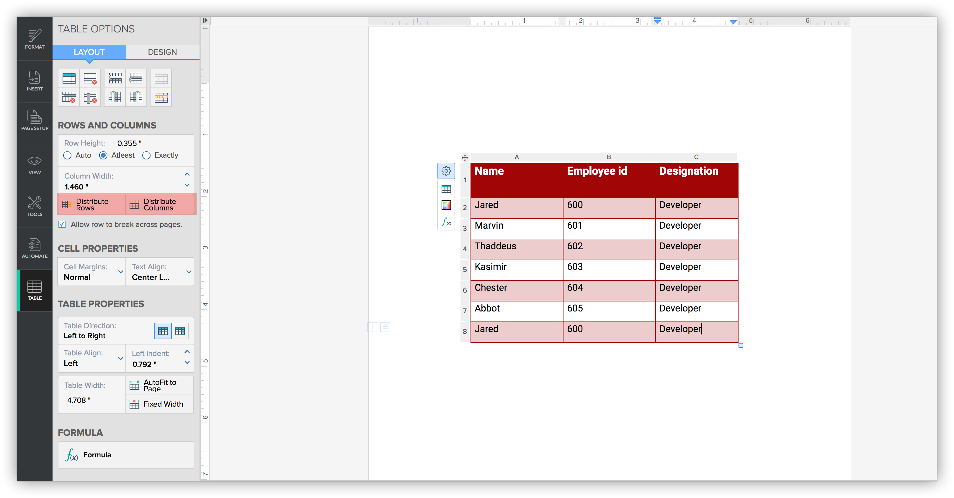 Tables in Writer