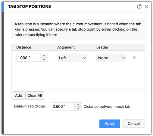 Tab stop positions