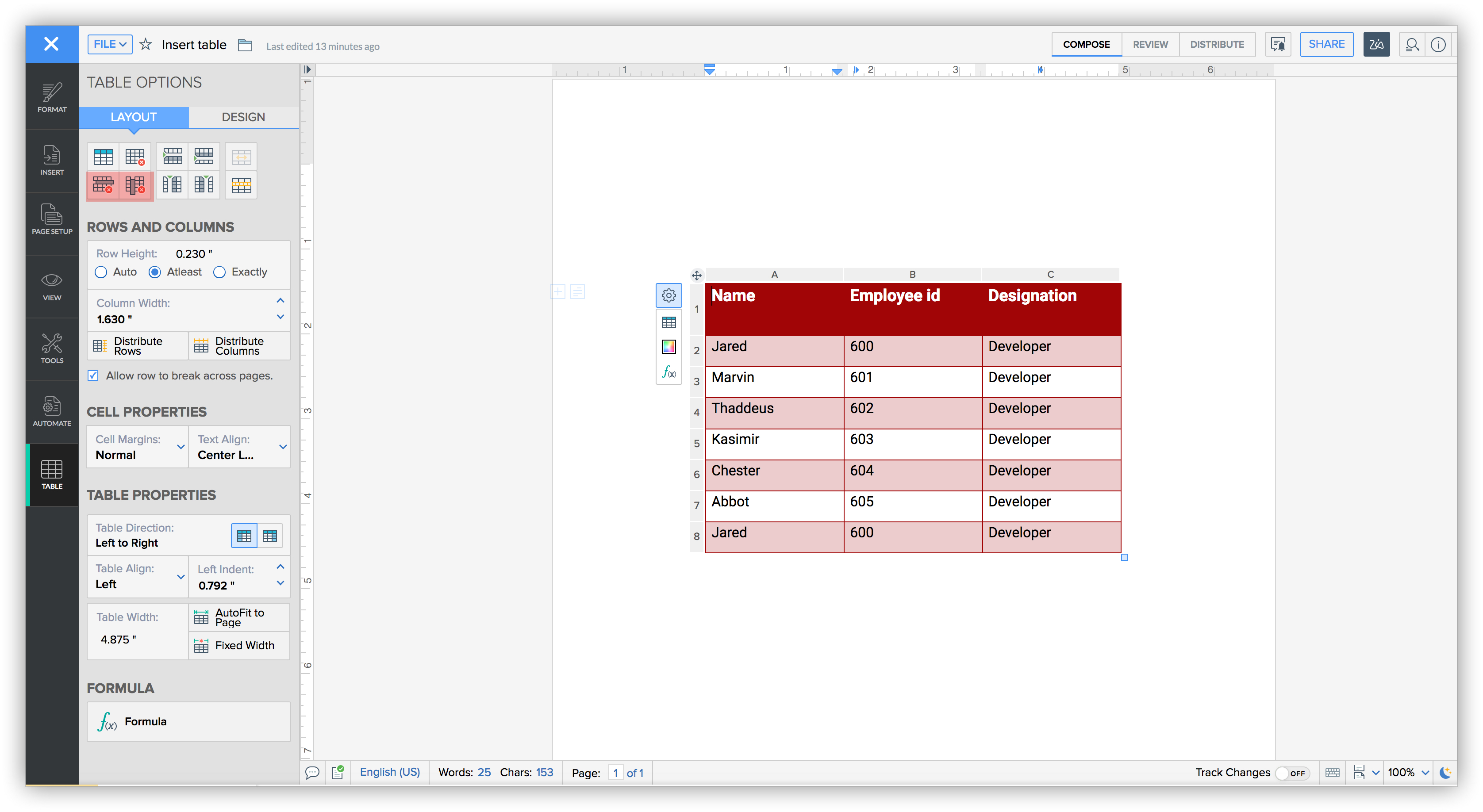 Tables in Writer