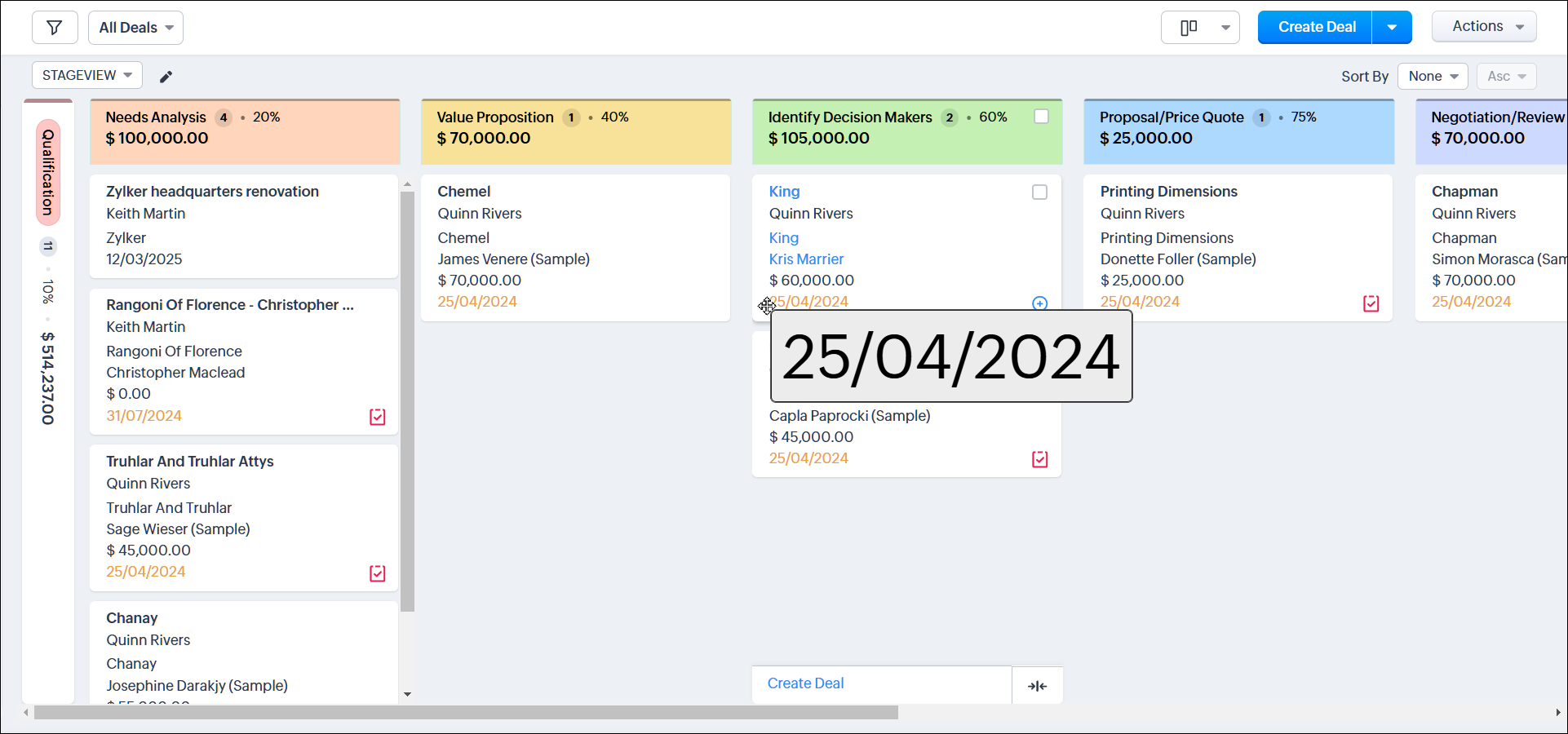 Alex, a sales rep, presses the alt key and hovers over a deal's closing date. A zoomed in view of the date is presented (in a light grey box with black text).