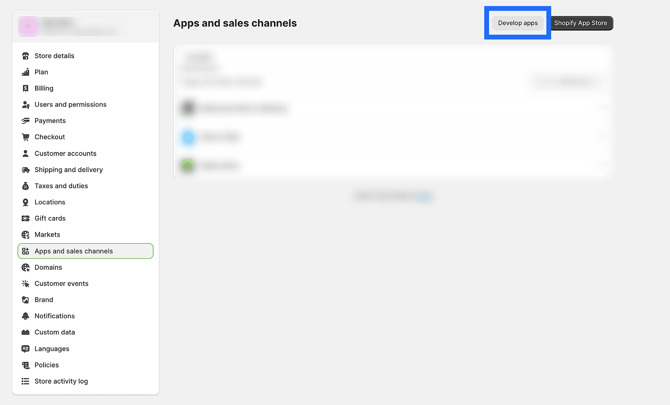 Apps and sales channels page in Shopify