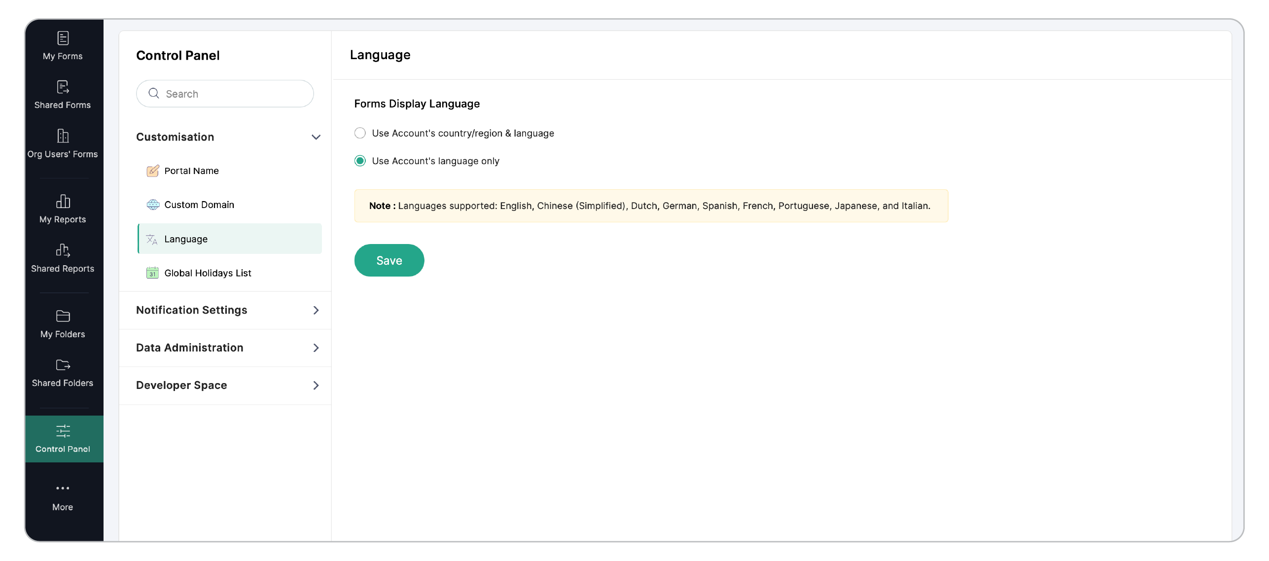 Choose the form display language from the 2 options