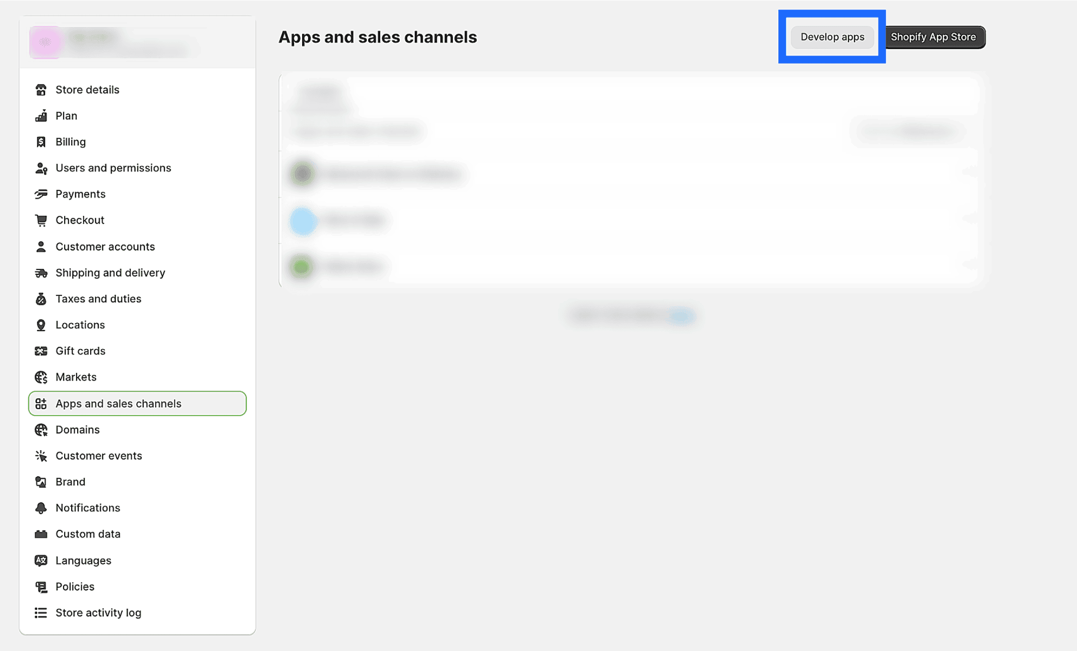 Apps and sales channels page in Shopify