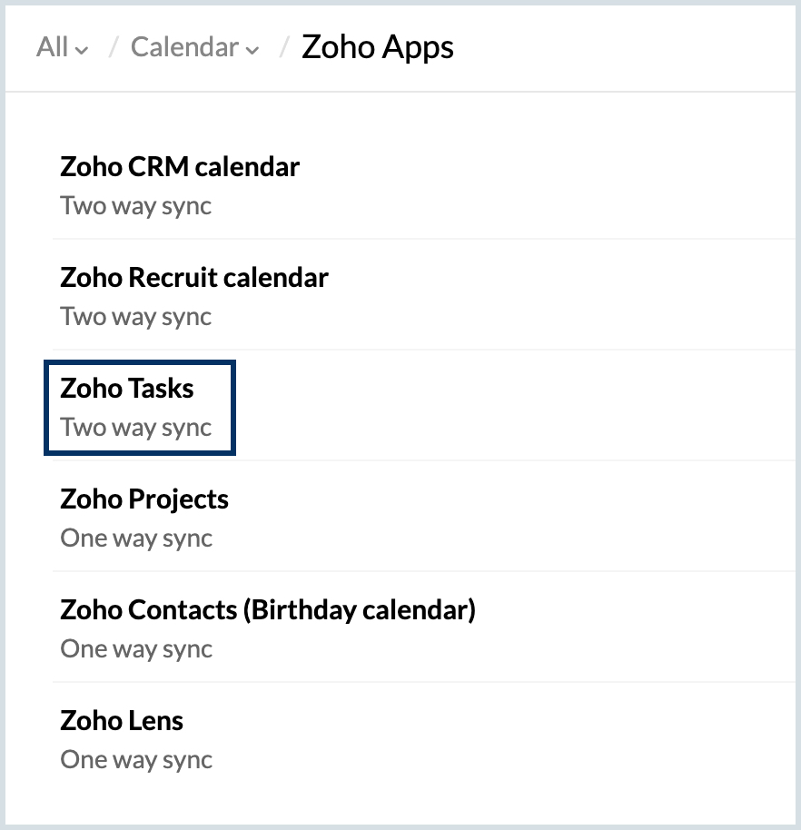 Syncing Zoho Tasks events with Zoho Calendar