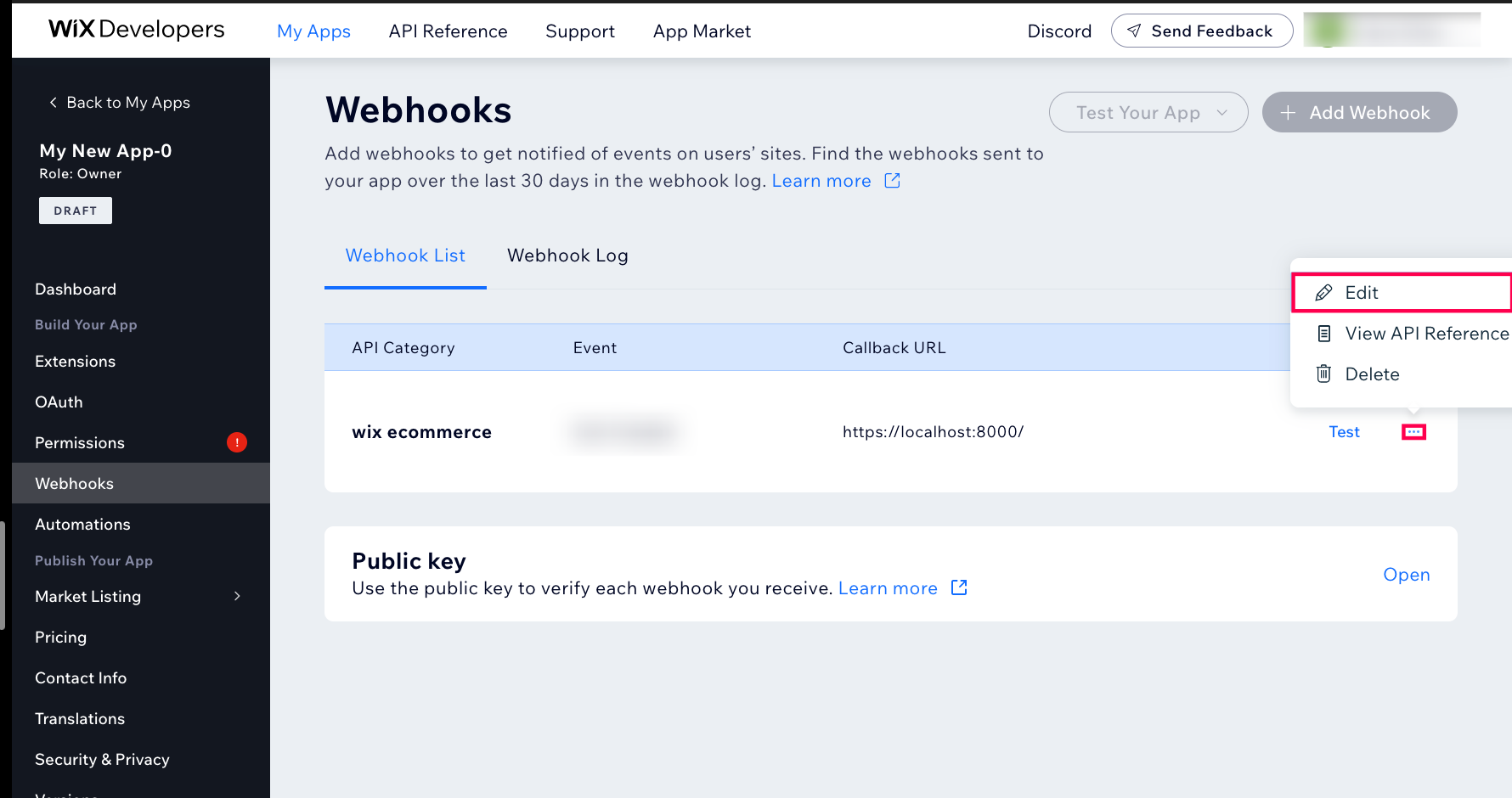 Webhooks Page - Wix