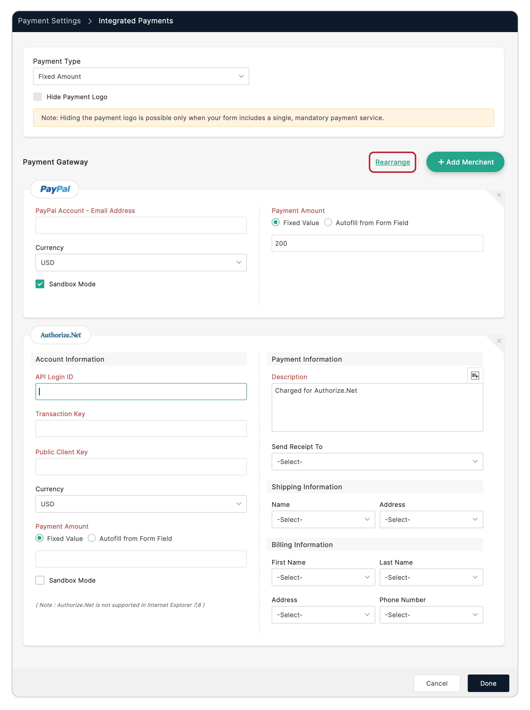 Rearrange payment gateways