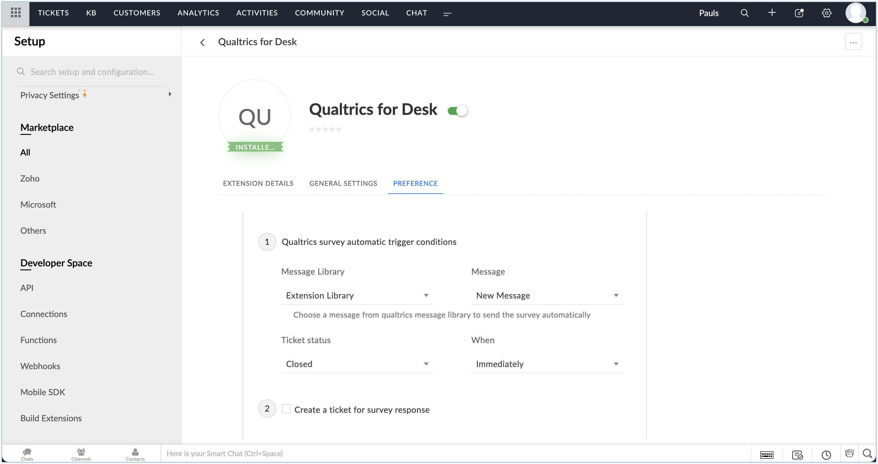 Qualtrics for Zoho Desk, Online Help