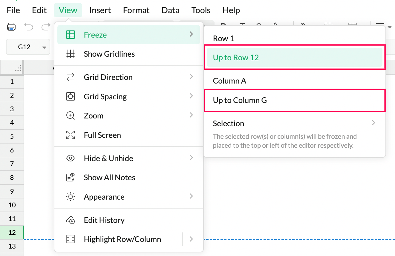 Freeze rows columns Zoho Sheet Help Guide