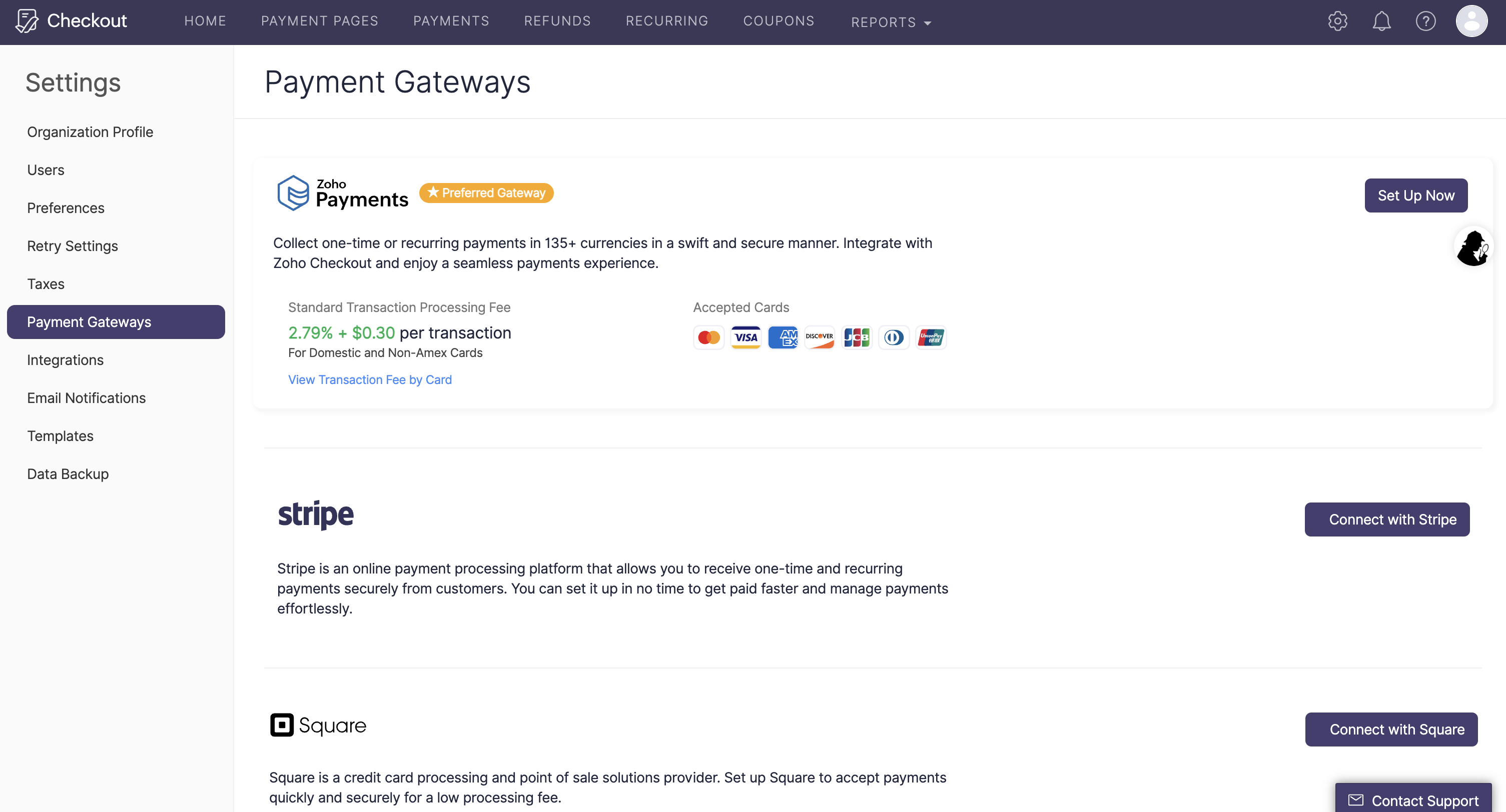 Configure payment gateways from Zoho Checkout