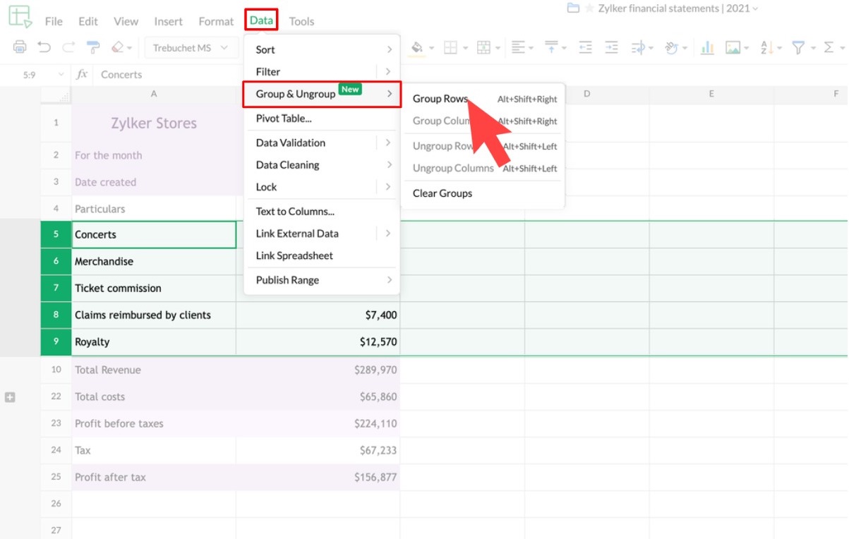 Group and ungroup columns or rows