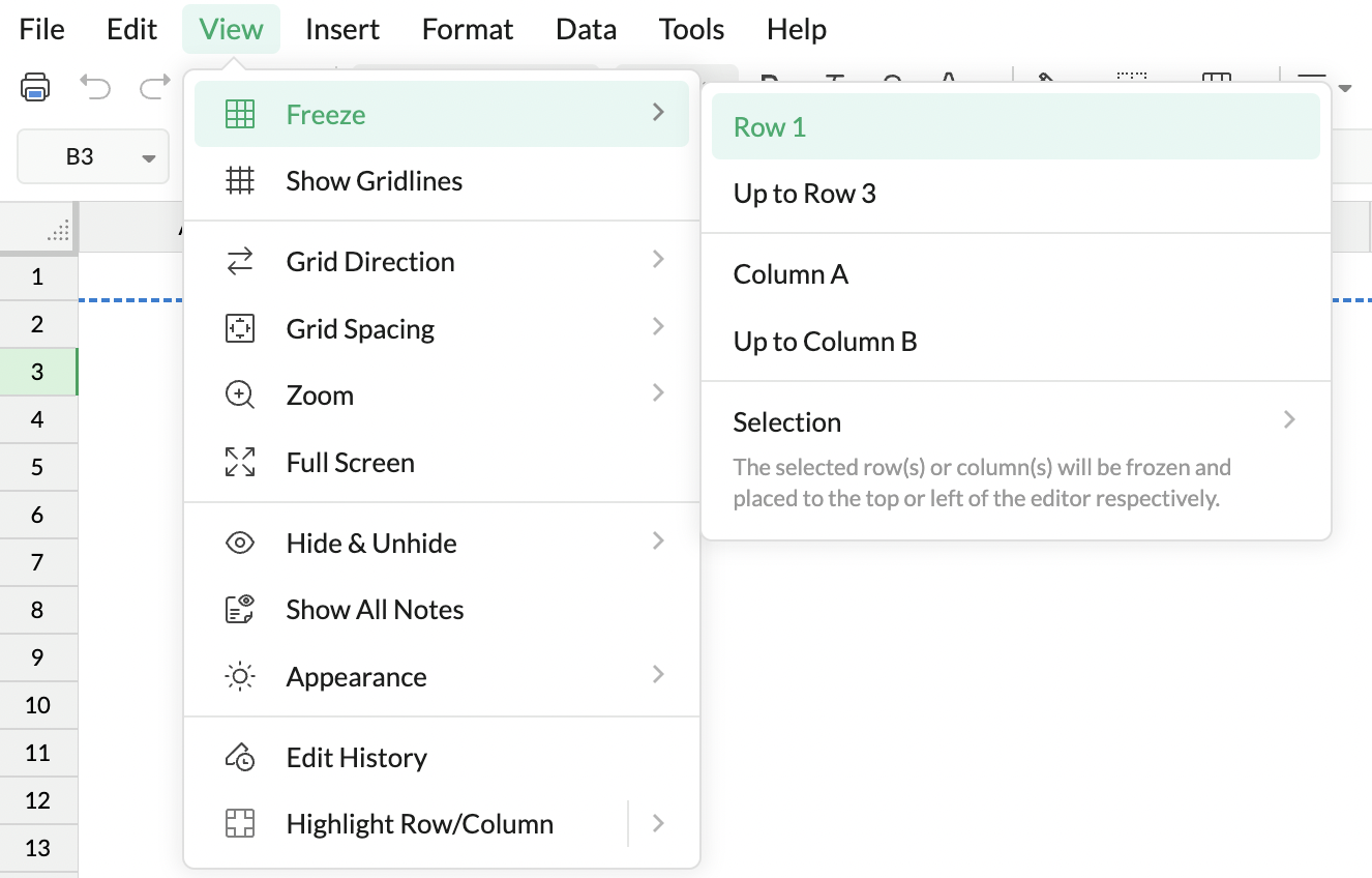 Freeze rows columns Zoho Sheet Help Guide