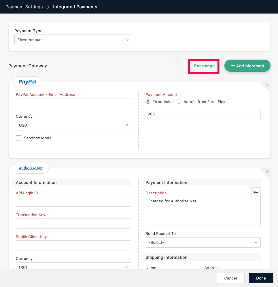 Rearrange payment gateways