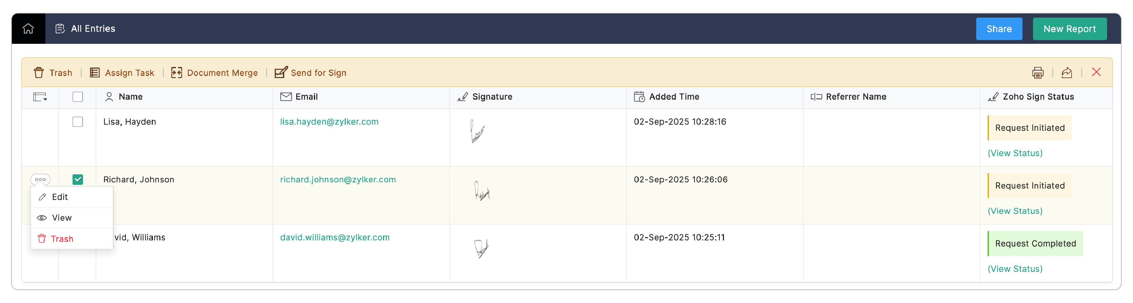 Viewing signature status