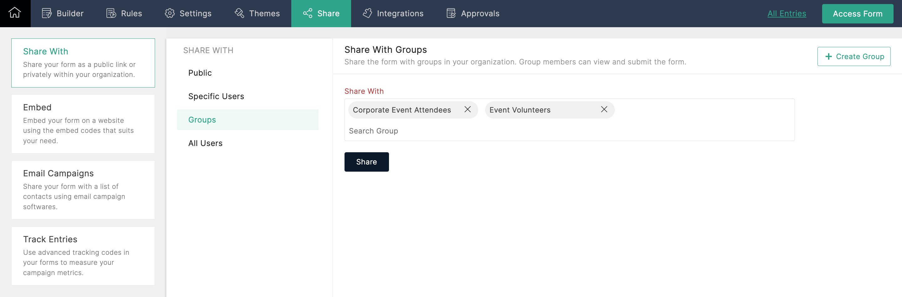 Select the groups to share the form with