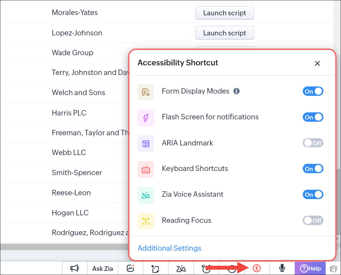 The accessibility shortcut is selected in the bottom toolbar and an accessibility shortcut popup is seen with a list of controls that are enabled or disabled.