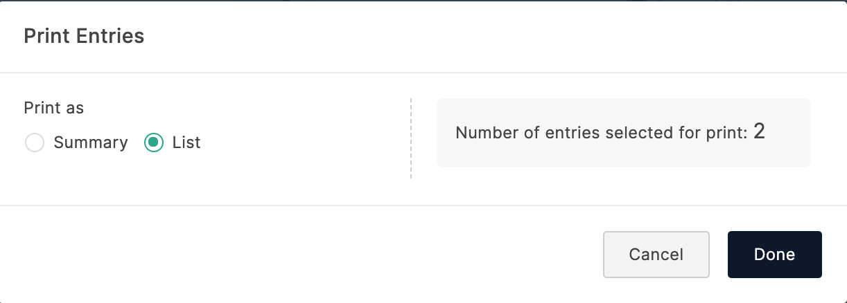 Print Entries pop-up