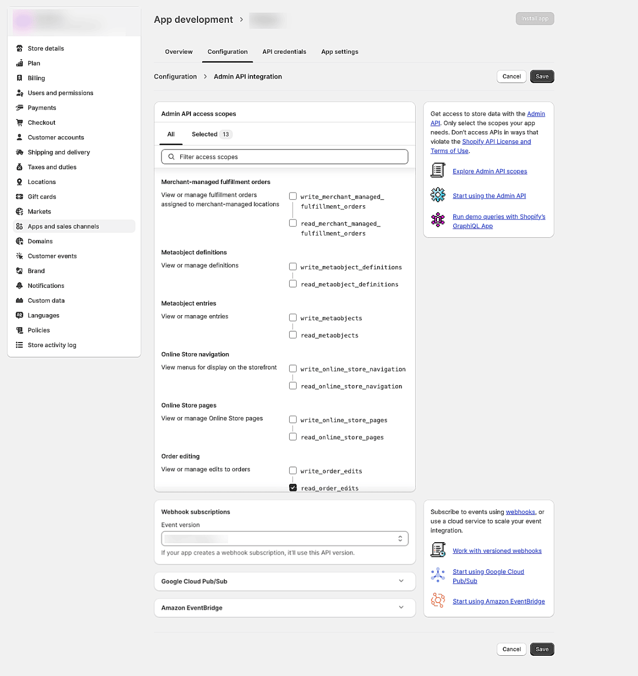 Admin API access scopes added in Shopify