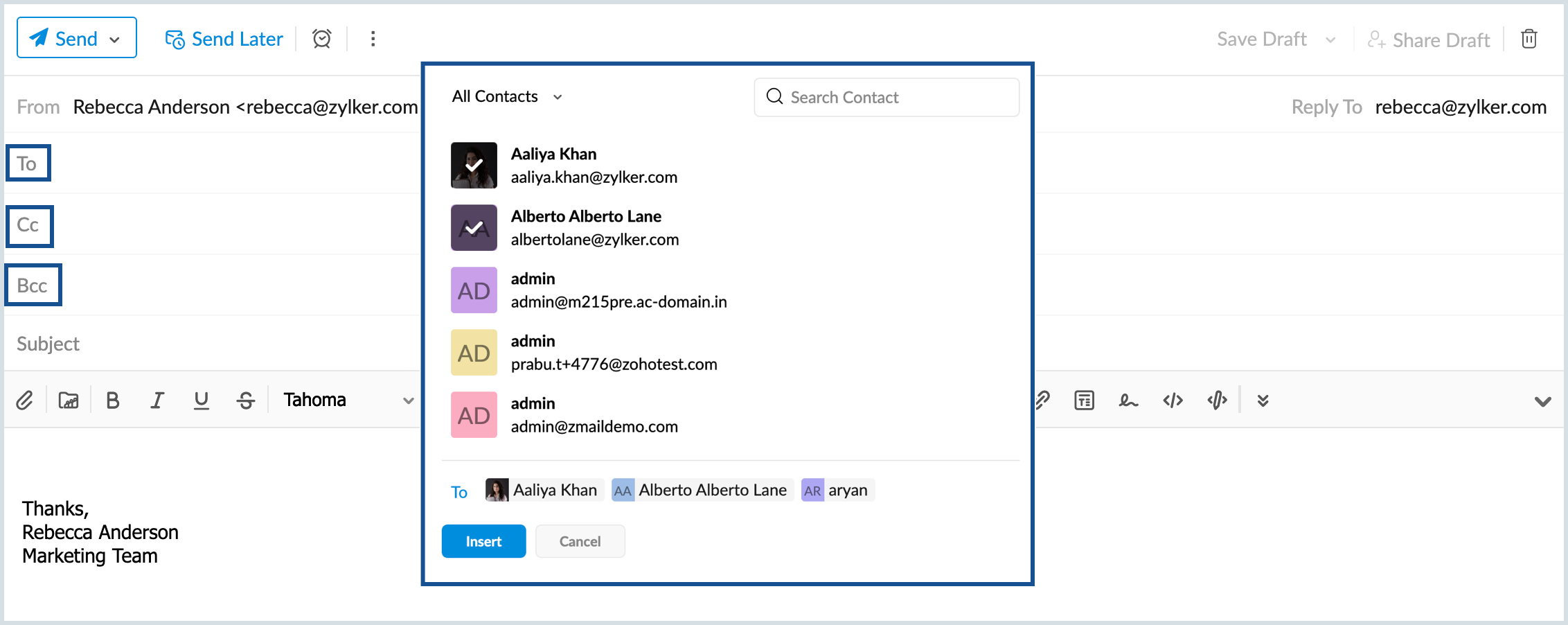 Panorama last straal How to add multiple contacts in To/ CC/ Bcc | Zoho Mail