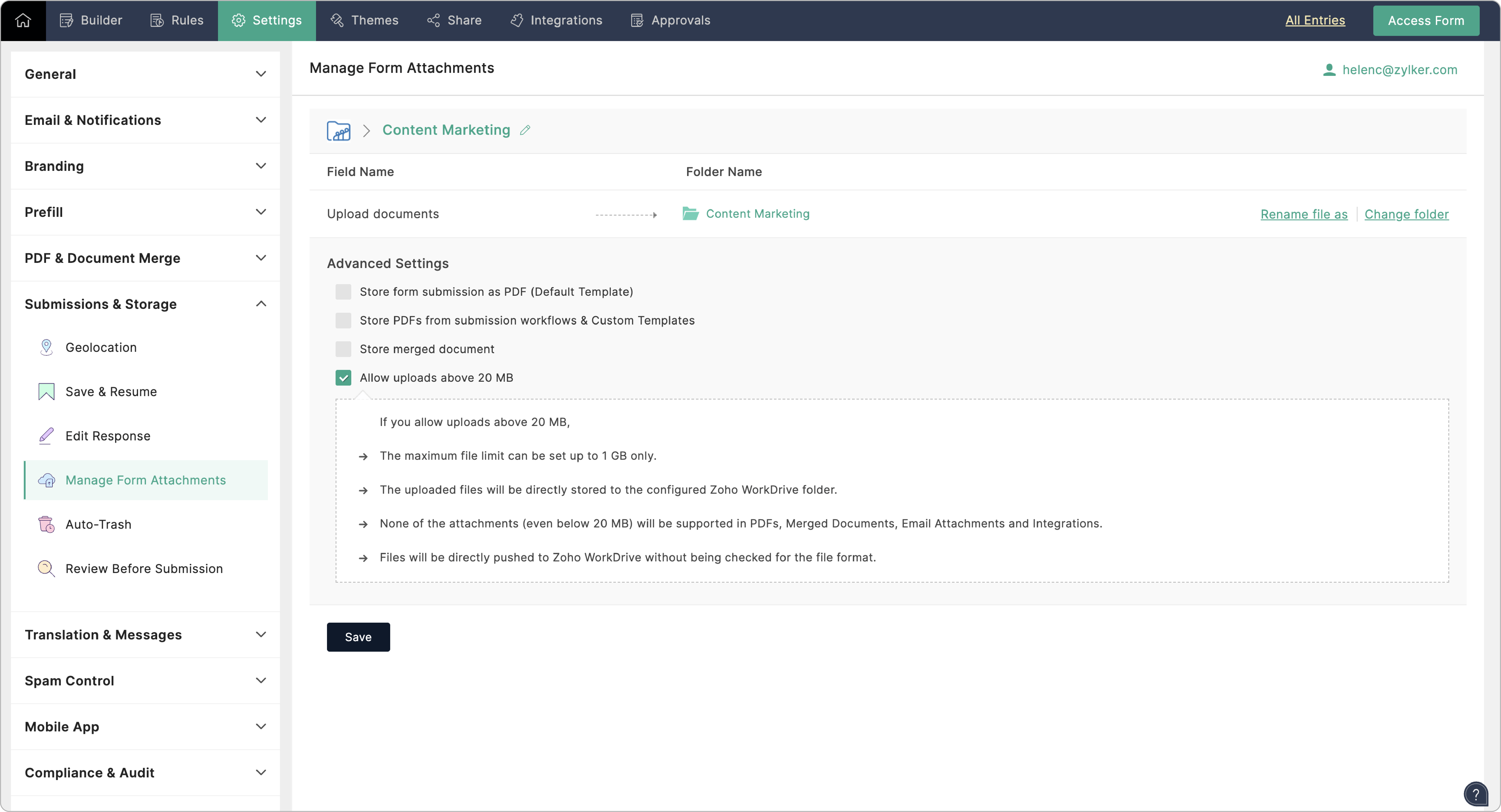 Zoho WorkDrive- Manage Form Attachments