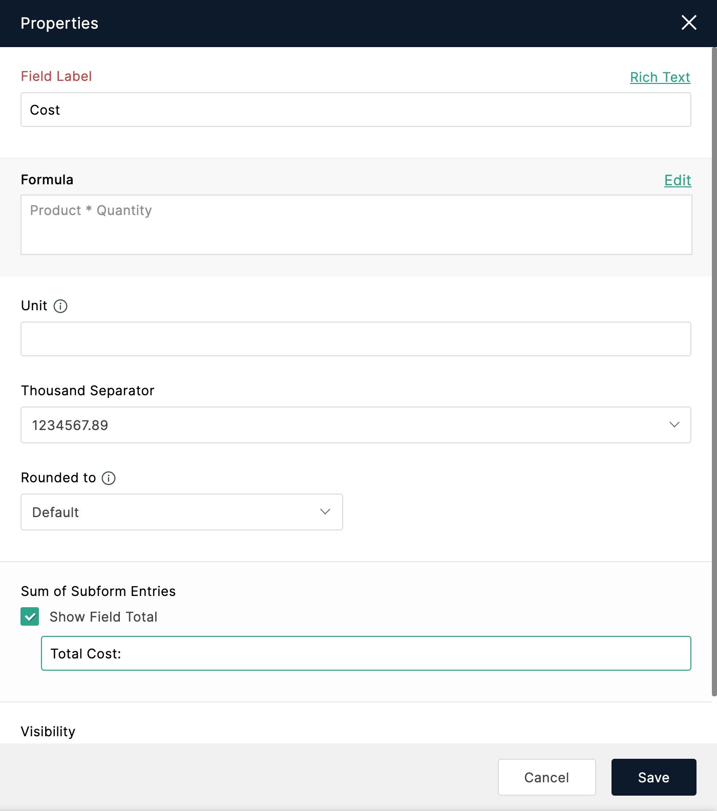 Subform - Properties of fields added to a Subform