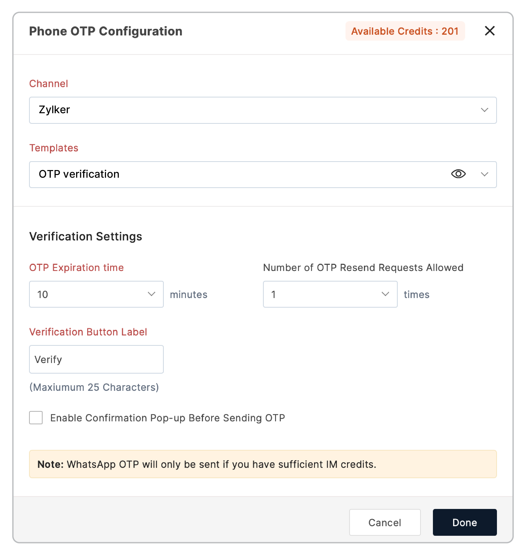 WhatsApp OTP Configuration