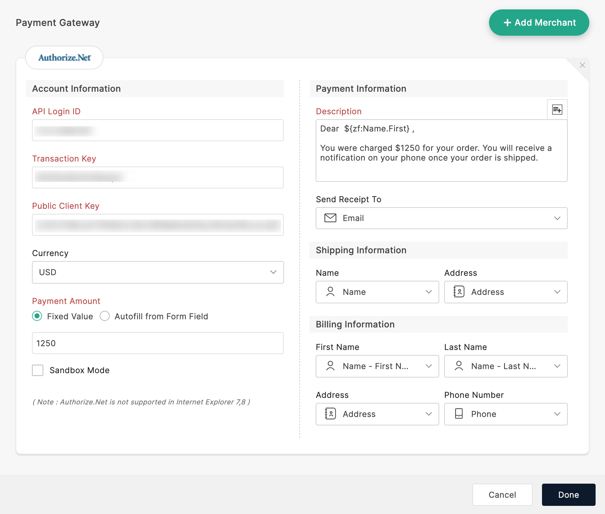 Authorize.Net payment gateway configuration