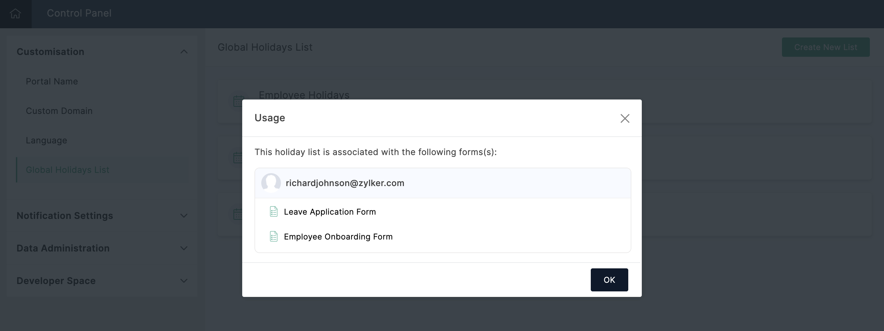 Holiday List Form Association