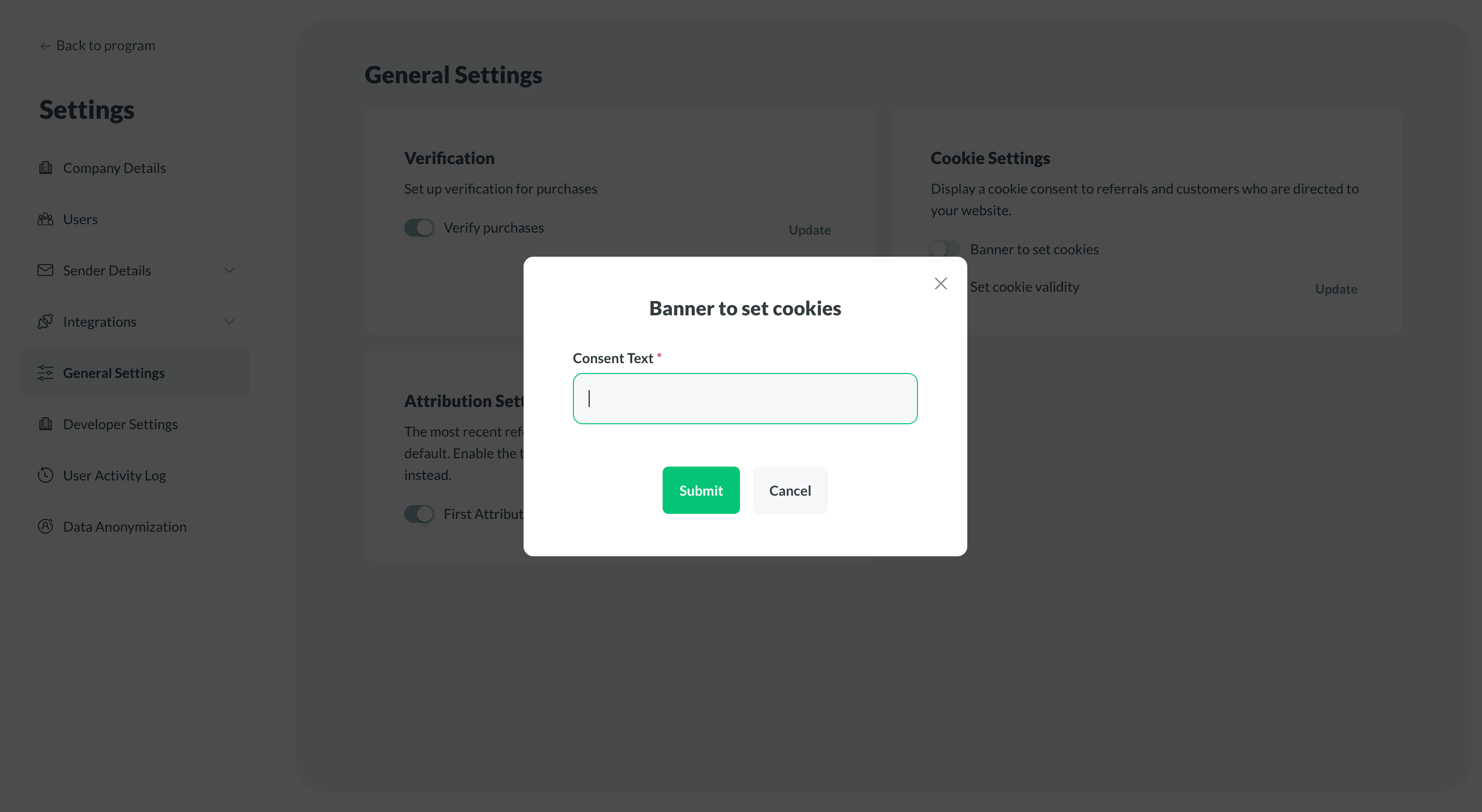 Loyalty Program - Cookie banner settings