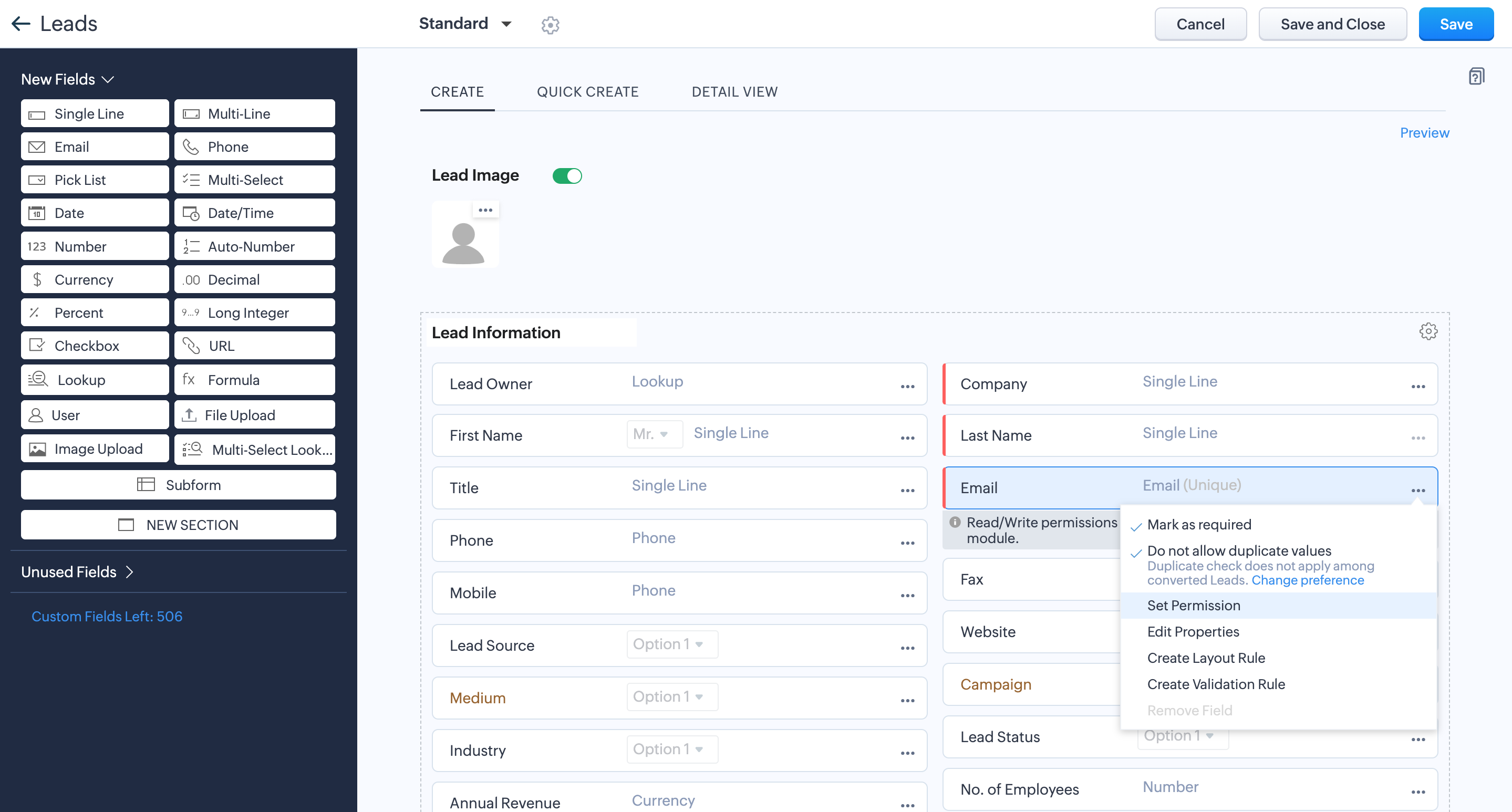 Field Marked as required in Zoho CRM