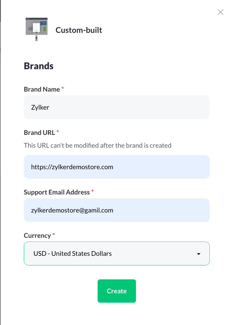 Brand Details popup in Zoho Thrive