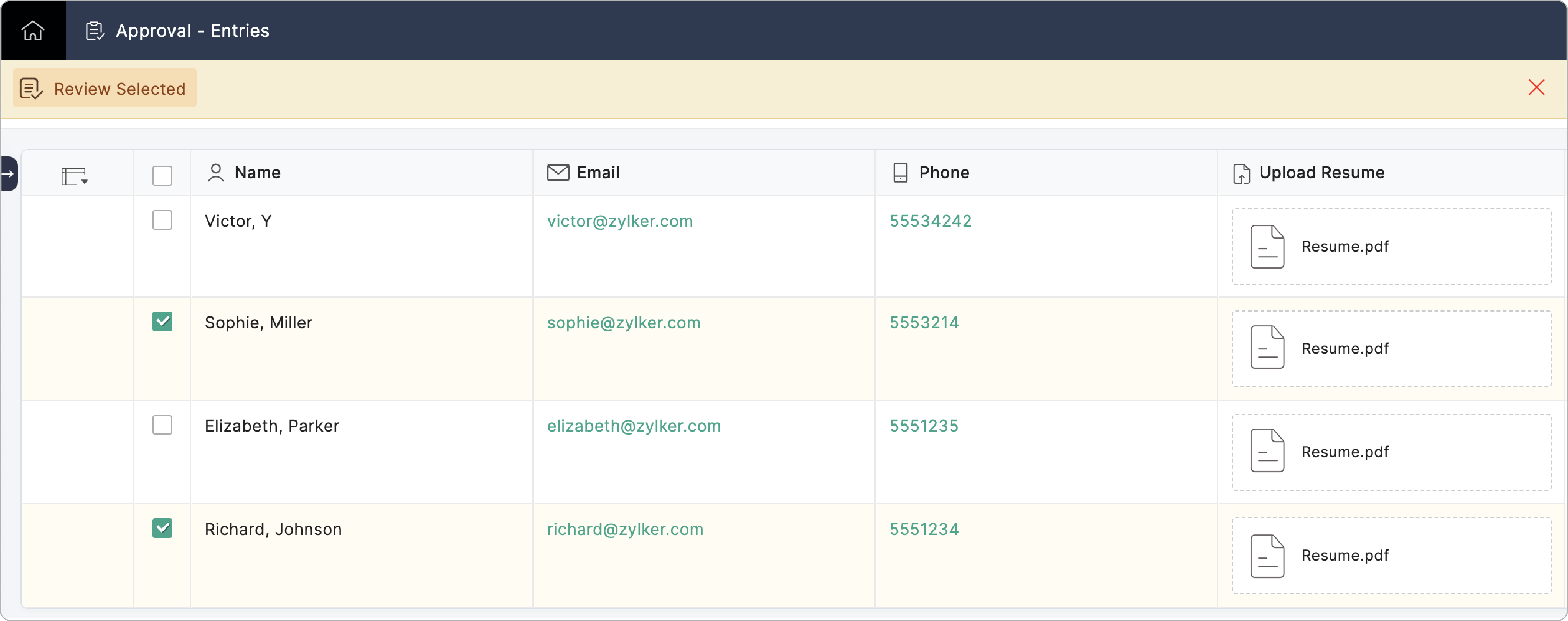 Select multiple entries for review