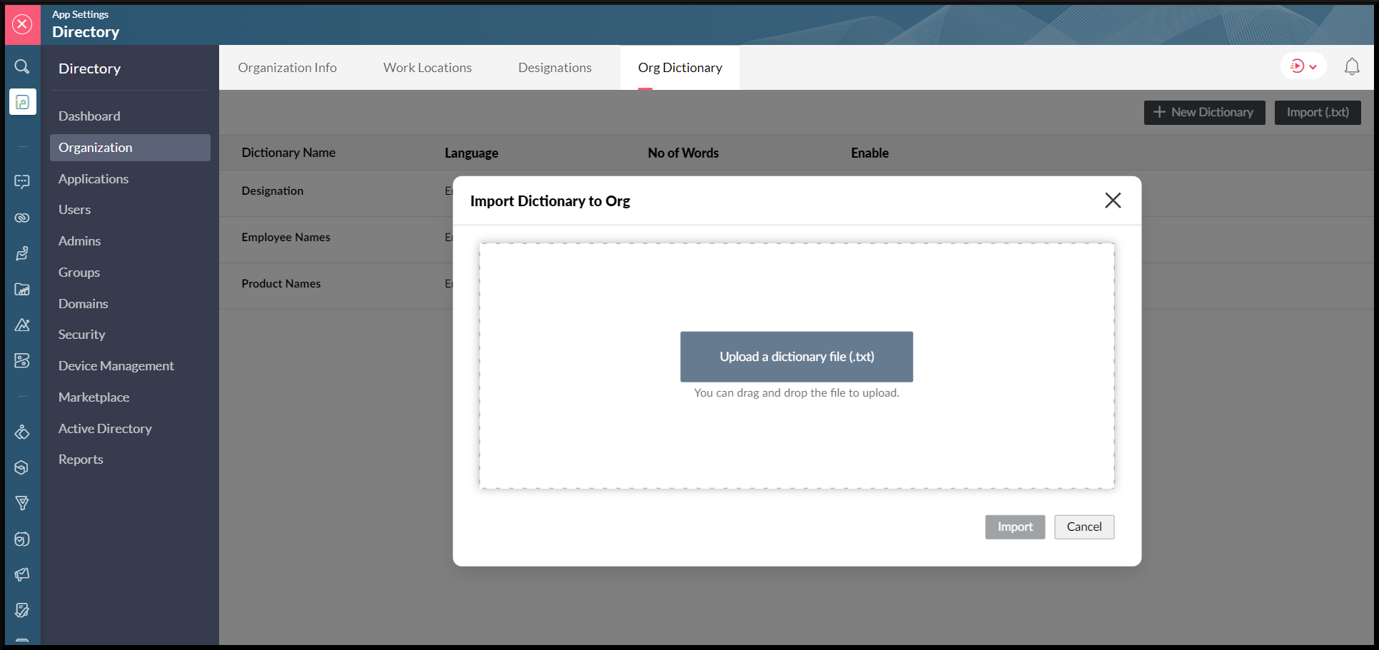 Import text file containing the words