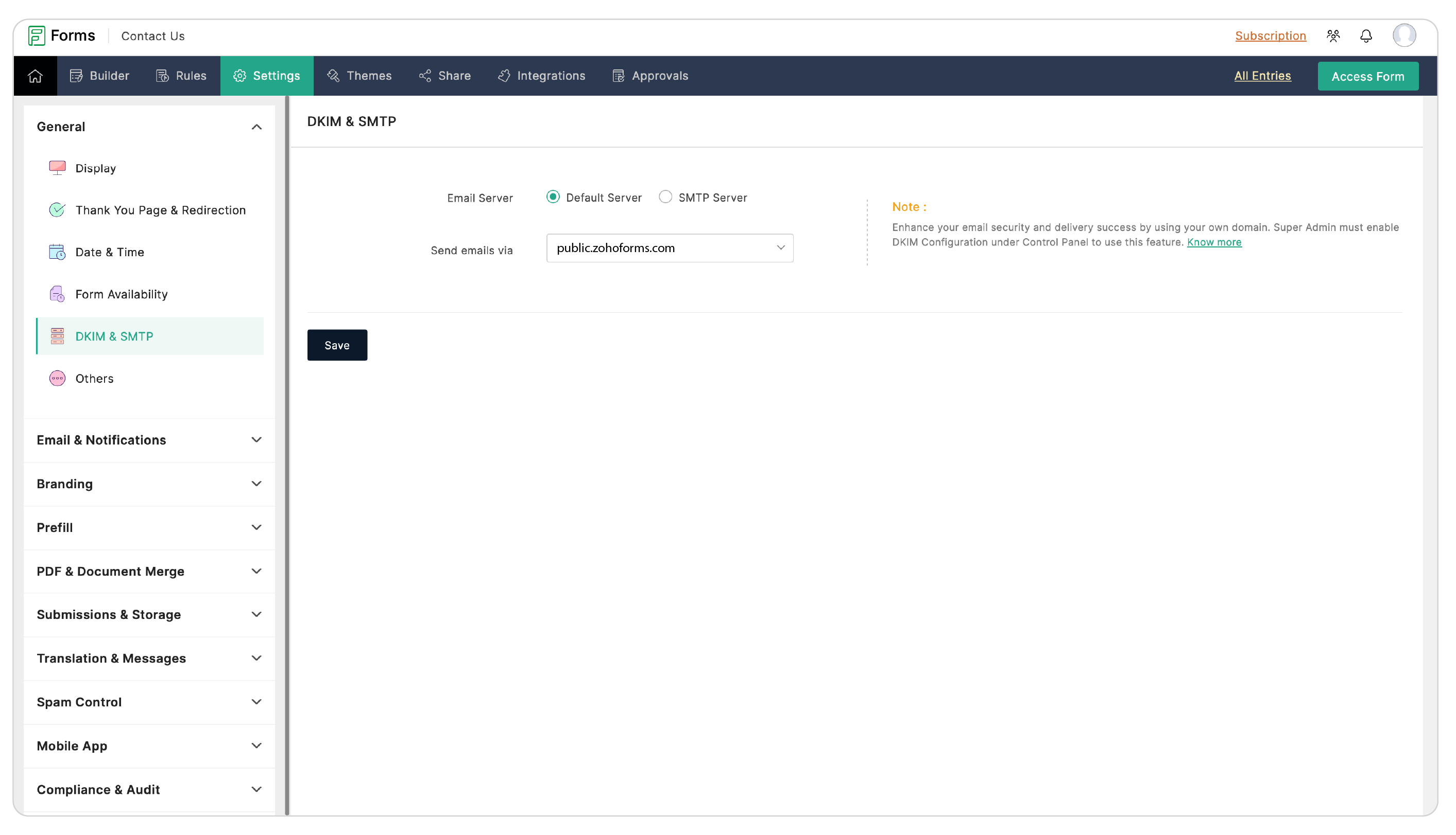 DKIM and SMTP in settings