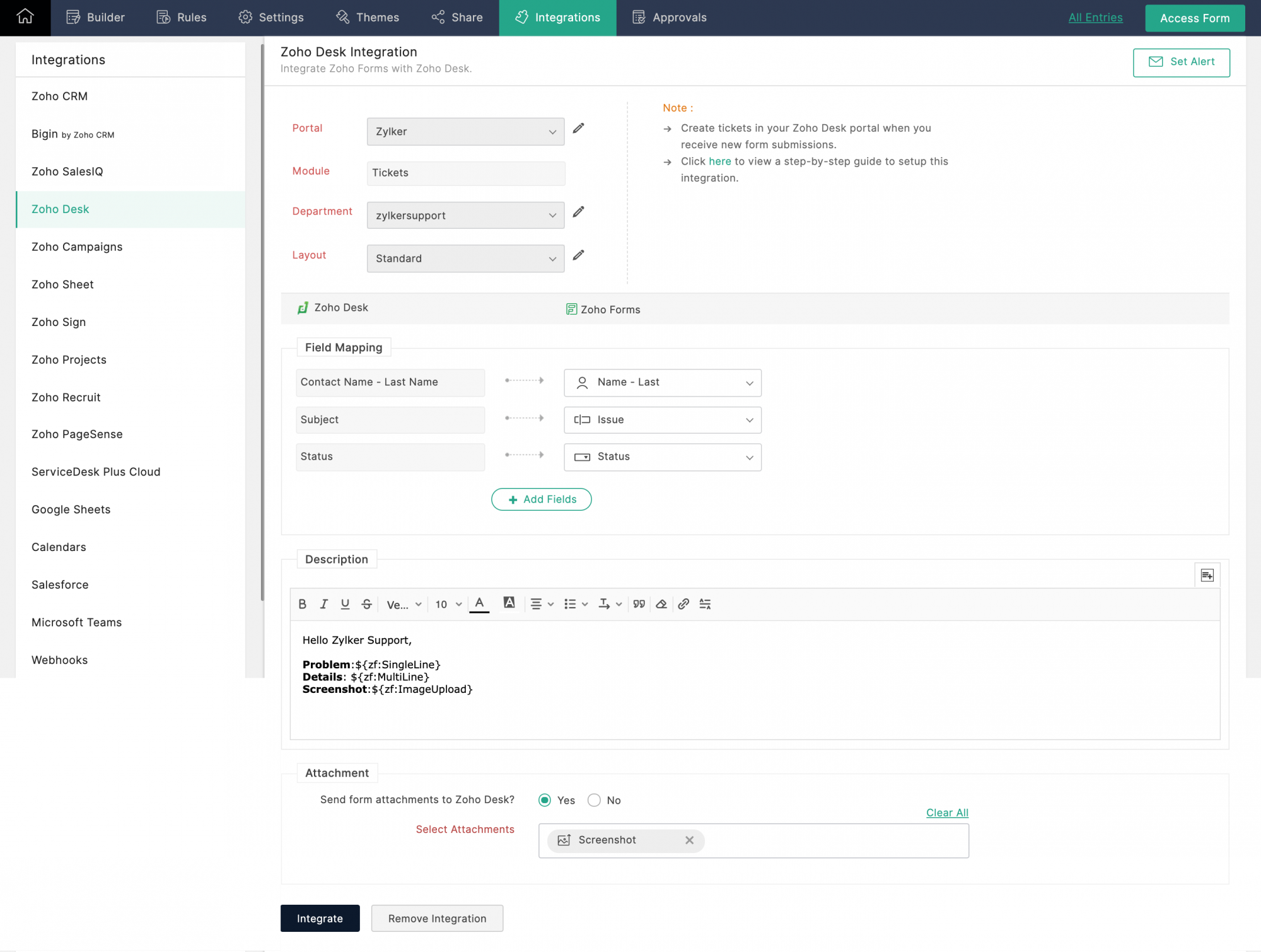 Zoho Desk Integration Zoho Forms User Guide