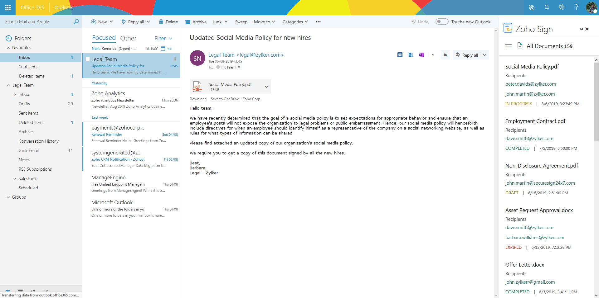 Zoho Sign Integration For Outlook