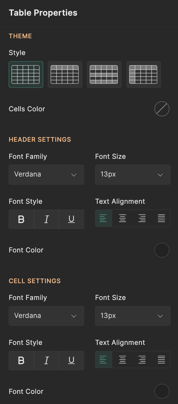 Table Element Properties