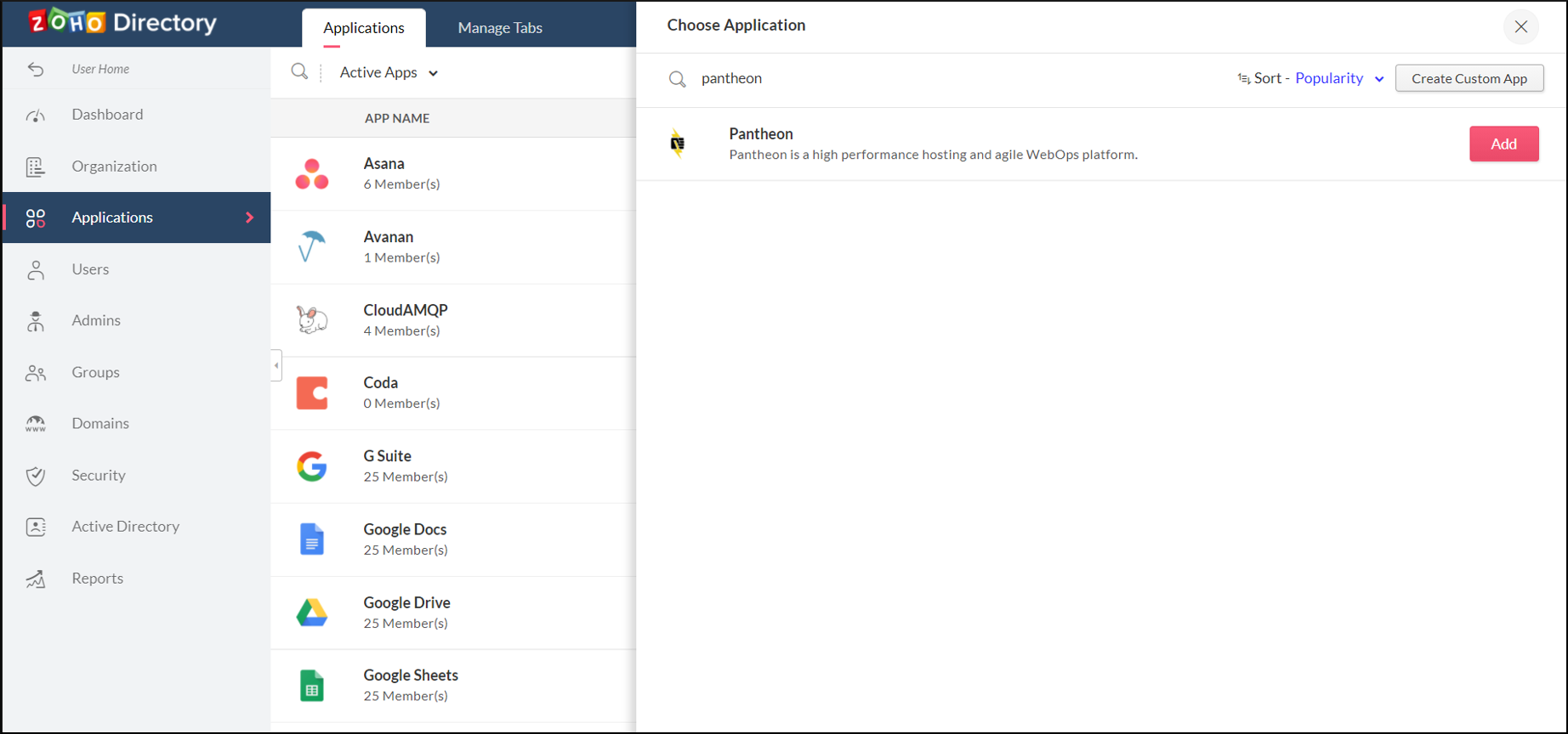 Pantheon in Zoho Directory