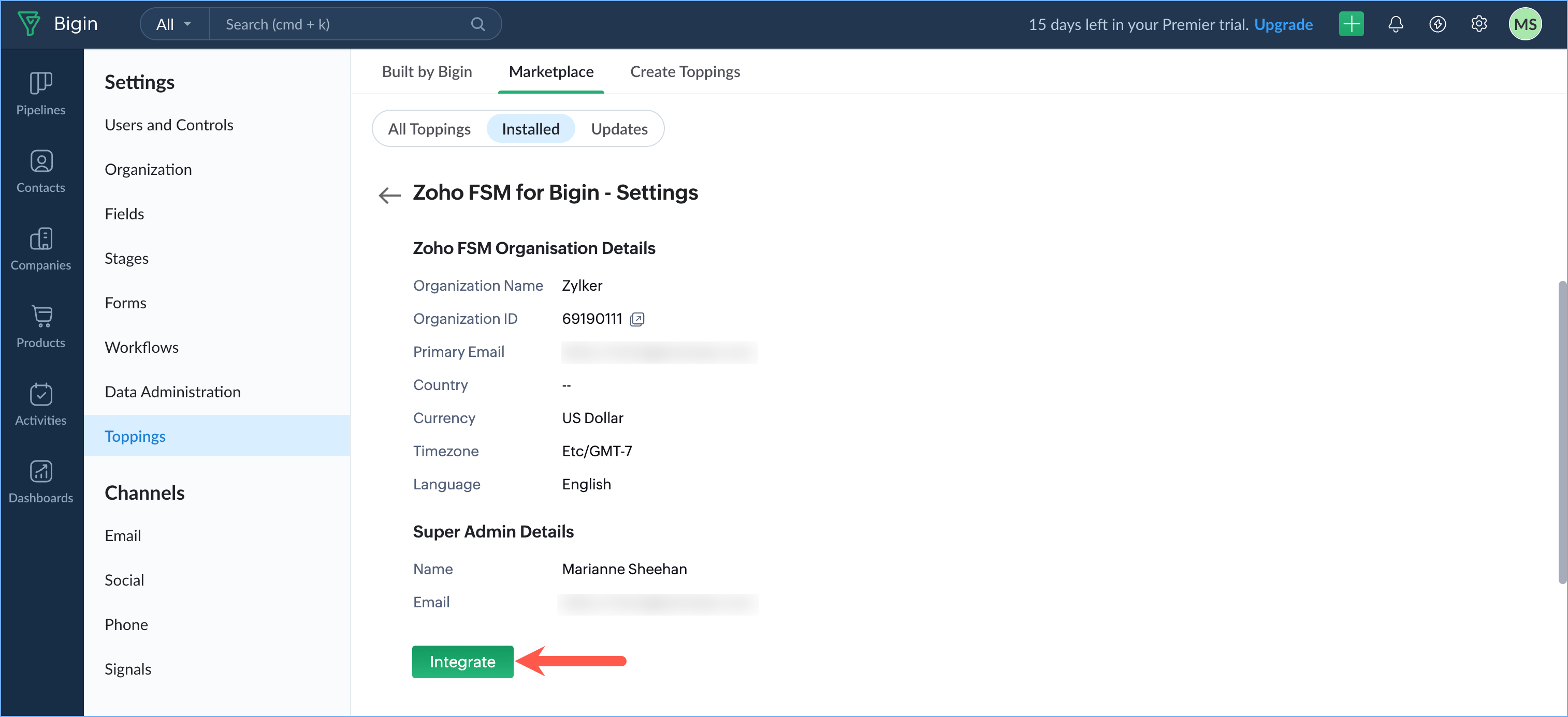 Zoho FSM | Installation And Usage Guide For Bigin Topping