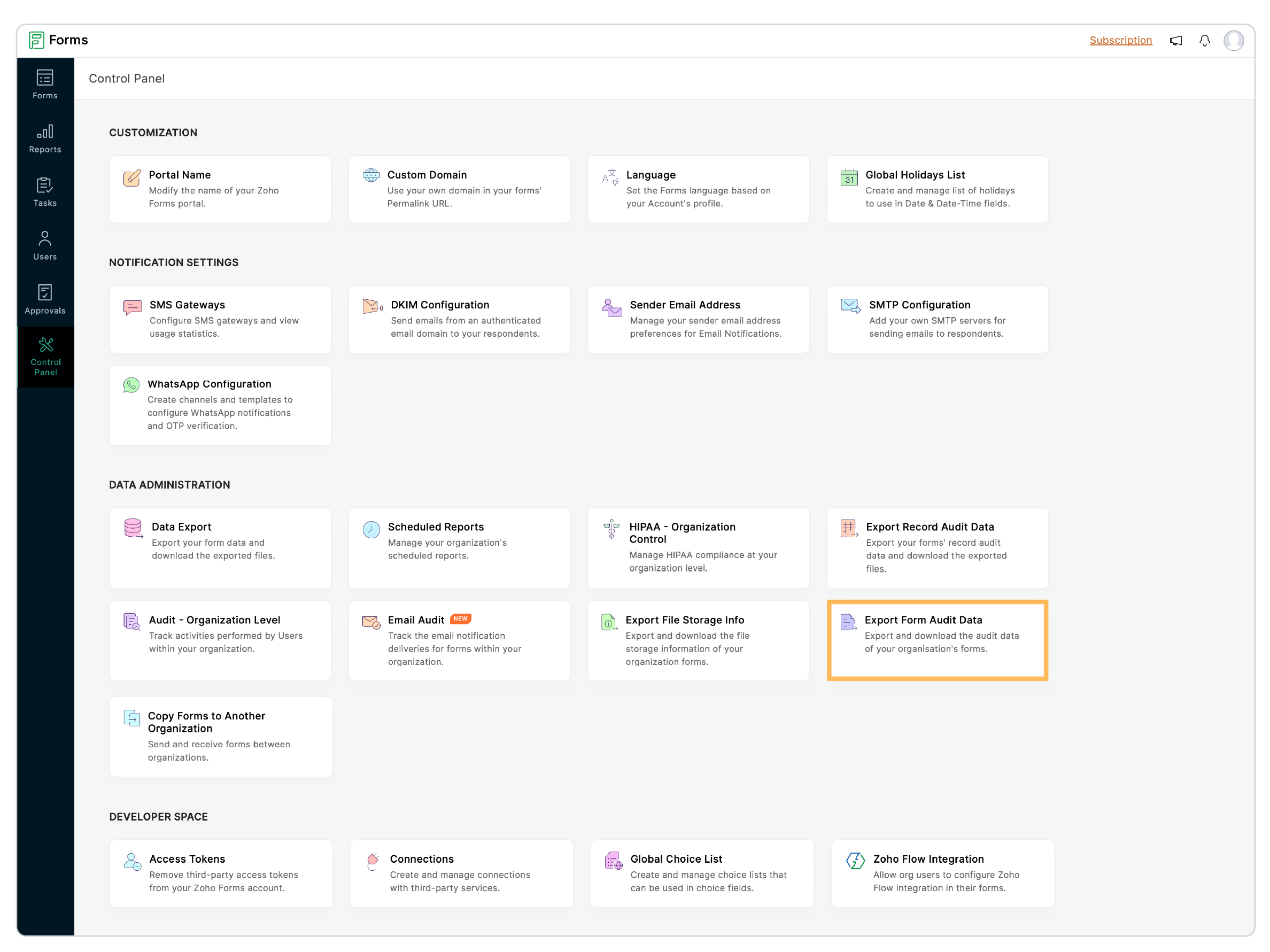 Click Export Form Audit Data