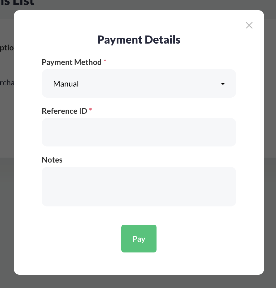 Payment Details pop-up